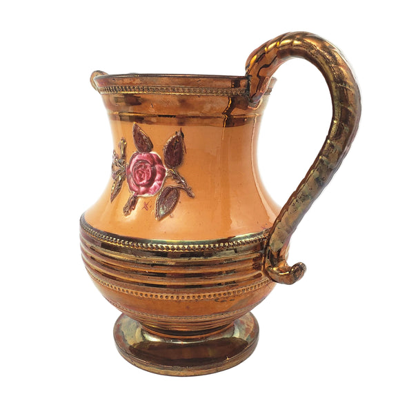 Antique Copper Luster Pitcher Jug Apricot-Orange Band Pink Raised Rose 6 1/2"