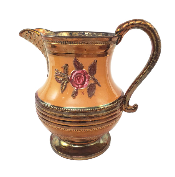Antique Copper Luster Pitcher Jug Apricot-Orange Band Pink Raised Rose 6 1/2"