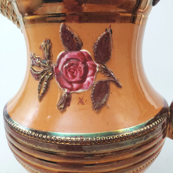 Antique Copper Luster Pitcher Jug Apricot-Orange Band Pink Raised Rose 6 1/2"