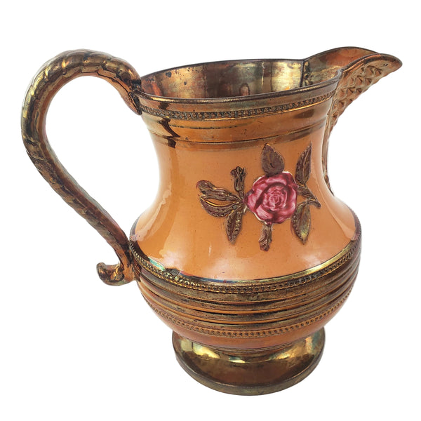 Antique Copper Luster Pitcher Jug Apricot-Orange Band Pink Raised Rose 6 1/2"