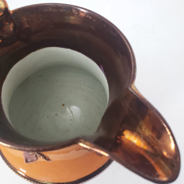 Antique Copper Luster Pitcher Jug Apricot-Orange Band Pink Raised Rose 6 1/2"