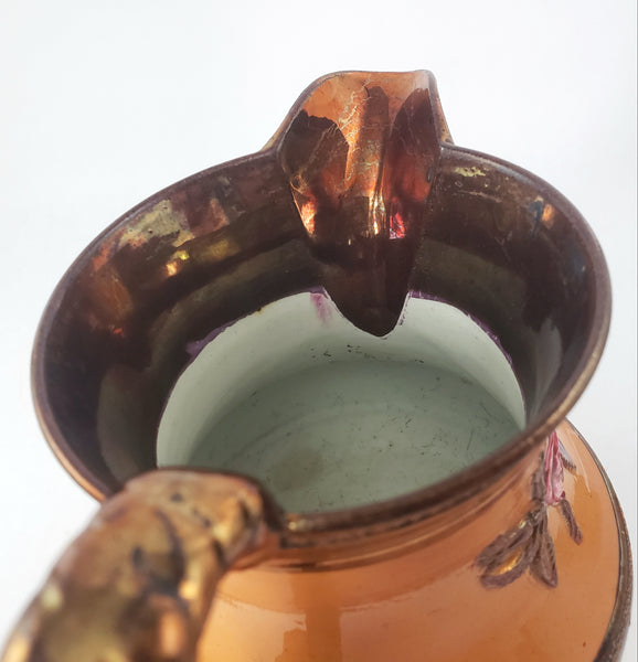Antique Copper Luster Pitcher Jug Apricot-Orange Band Pink Raised Rose 6 1/2"