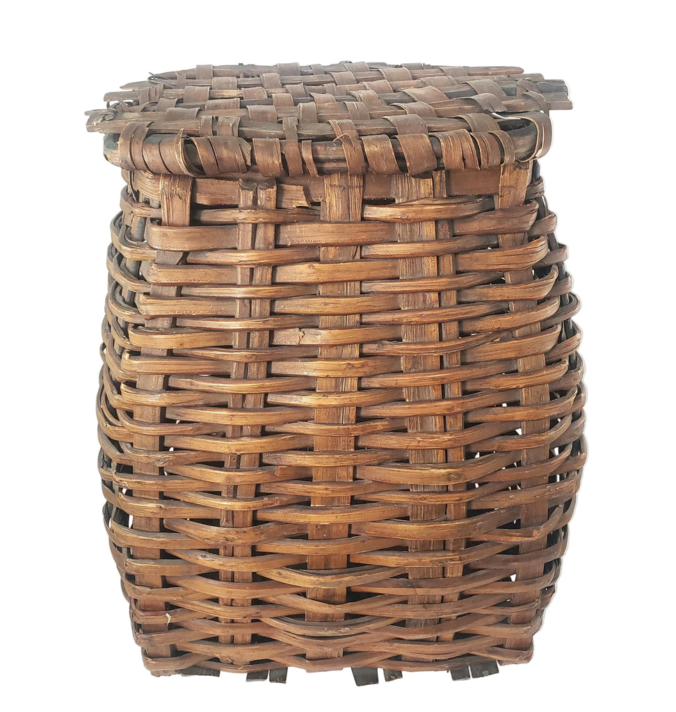 Antique Early American Handwoven Oak Splint Basket with Woven Lid 18 3/4" Primitive Storage Basket