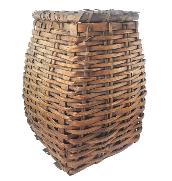 Antique Early American Handwoven Oak Splint Basket with Woven Lid 18 3/4"