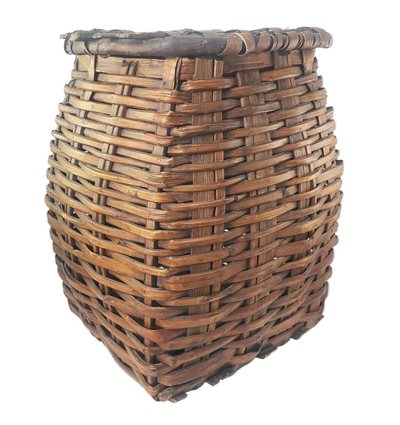 Antique Early American Handwoven Oak Splint Basket with Woven Lid 18 3/4"