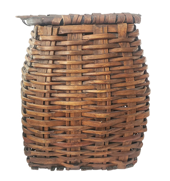 Antique Early American Handwoven Oak Splint Basket with Woven Lid 18 3/4"