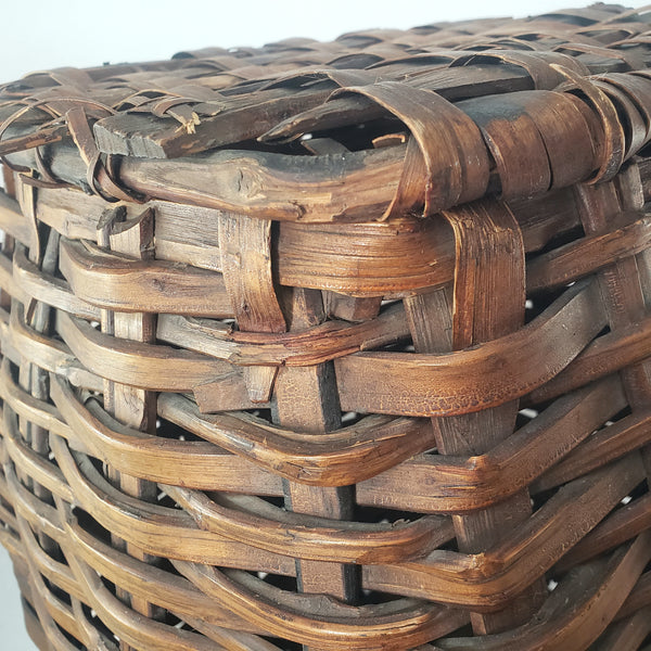 Antique Early American Handwoven Oak Splint Basket with Woven Lid 18 3/4"
