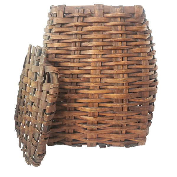 Antique Early American Handwoven Oak Splint Basket with Woven Lid 18 3/4"