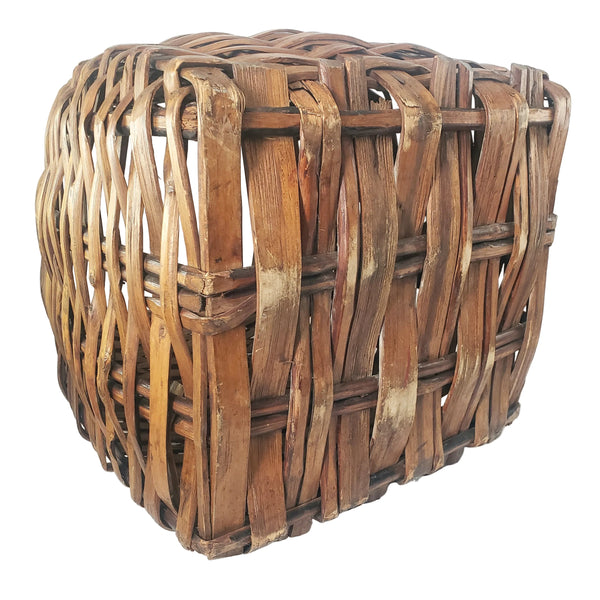 Antique Early American Handwoven Oak Splint Basket with Woven Lid 18 3/4"