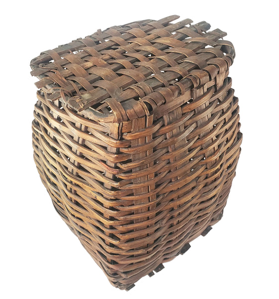 Antique Early American Handwoven Oak Splint Basket with Woven Lid 18 3/4"