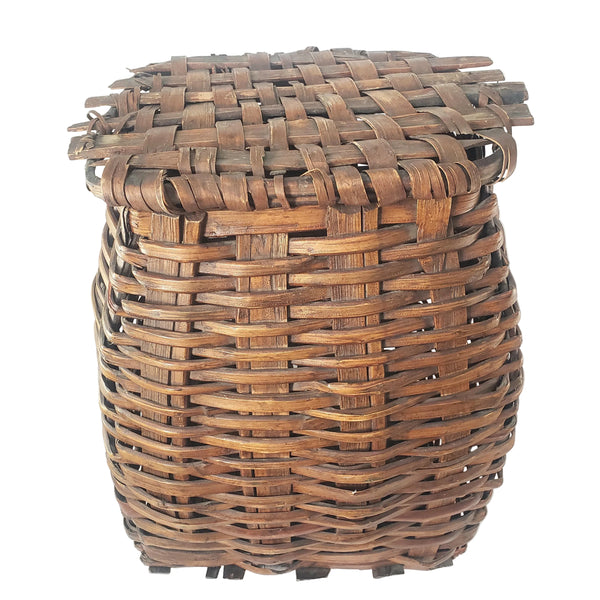 Antique Early American Handwoven Oak Splint Basket with Woven Lid 18 3/4"