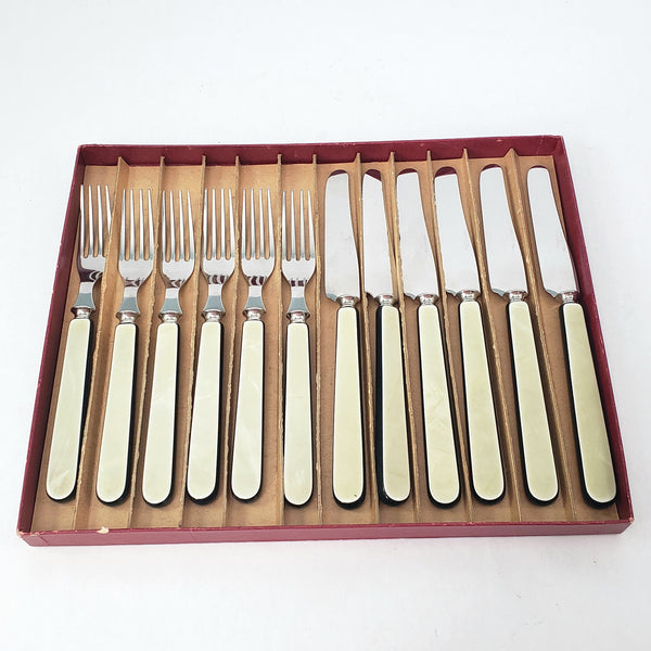 Vintage Voos Co. Cutlery Set 12 Pc French Ivory & Black Pearlized Celluloid & Stainless Steel - Connecticut