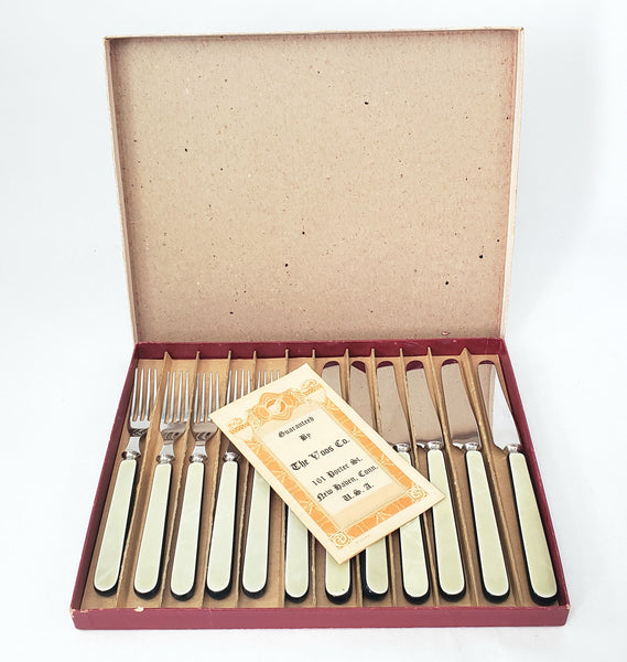 Vintage Voos Co. Cutlery Set 12 Pc French Ivory & Black Pearlized Celluloid & Stainless Steel - Connecticut