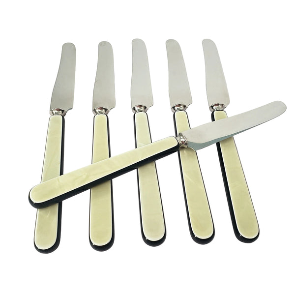 Vintage Voos Co. Cutlery Set 12 Pc French Ivory & Black Pearlized Celluloid & Stainless Steel - Connecticut