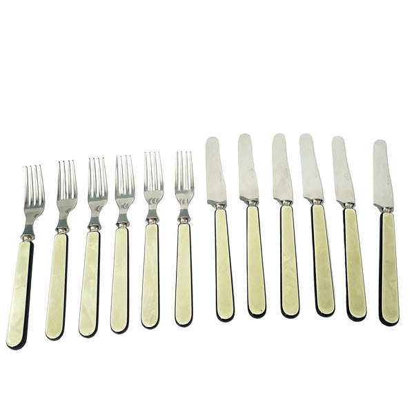 Vintage Voos Co. Cutlery Set 12 Pc French Ivory & Black Pearlized Celluloid & Stainless Steel - Connecticut