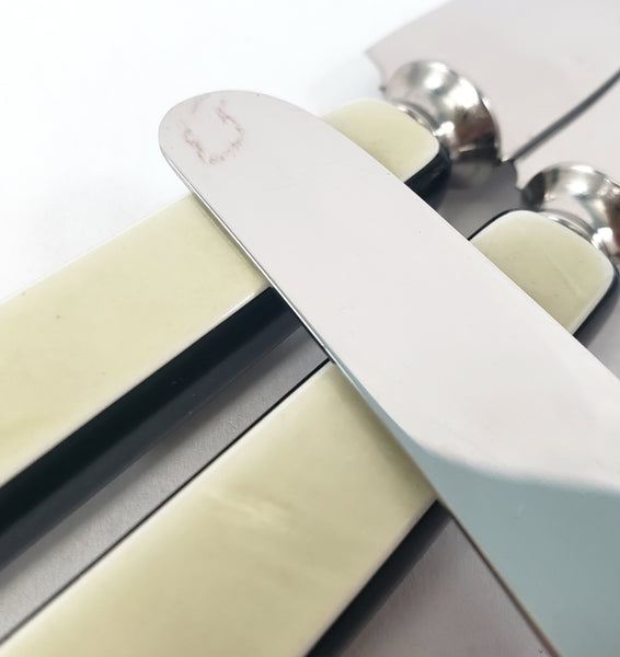 Vintage Voos Co. Cutlery Set 12 Pc French Ivory & Black Pearlized Celluloid & Stainless Steel - Connecticut