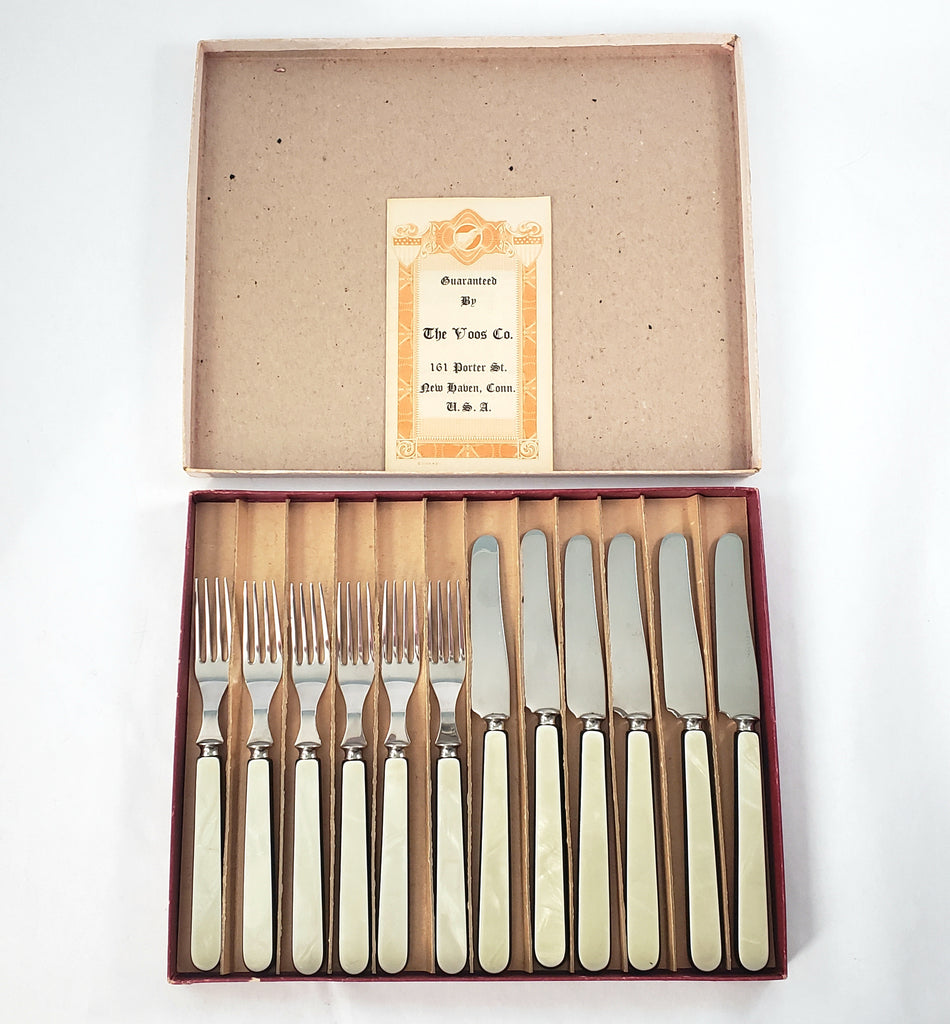 Vintage Voos Co. Cutlery Set 12 Pc French Ivory & Black Pearlized Celluloid & Stainless Steel - Connecticut