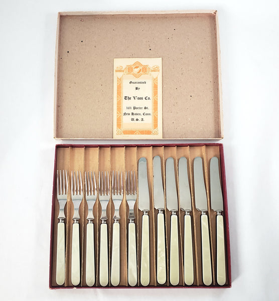 Vintage Voos Co. Cutlery Set 12 Pc French Ivory & Black Pearlized Celluloid & Stainless Steel - Connecticut