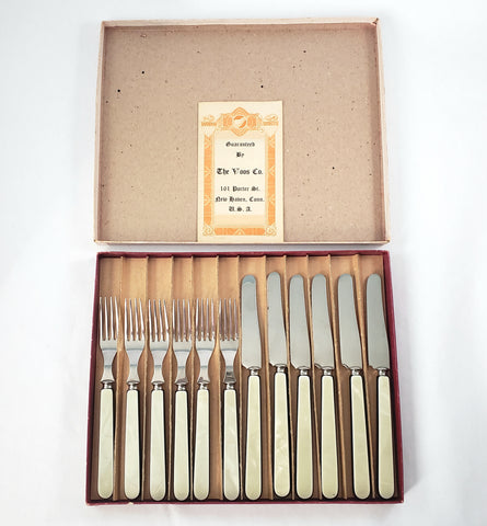 Vintage Voos Co. Cutlery Set 12 Pc French Ivory & Black Pearlized Celluloid & Stainless Steel - Connecticut