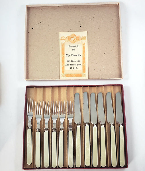 Vintage Voos Co. Cutlery Set 12 Pc French Ivory & Black Pearlized Celluloid & Stainless Steel - Connecticut