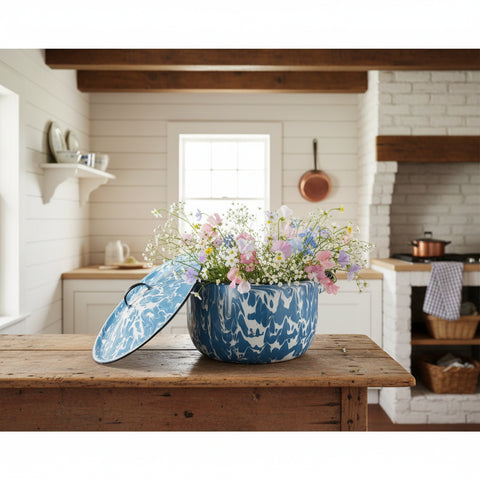 Antique Blue and White Swirl Enamelware Sauce Pot with Lid 2 Quart