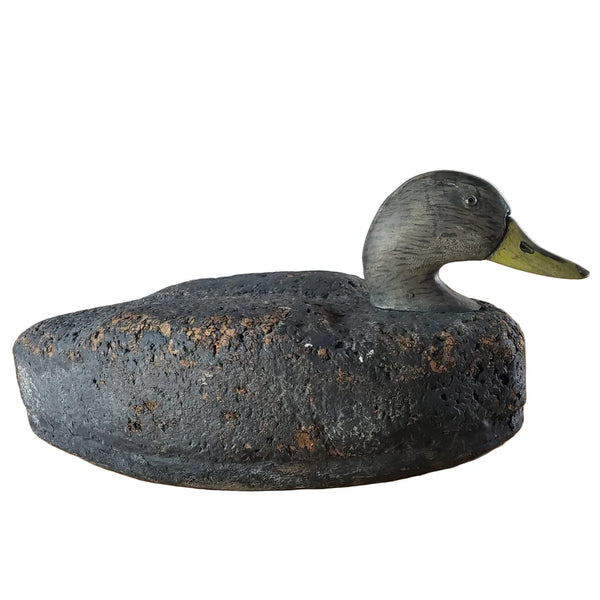 Vintage Cork Duck Decoy Wooden Head Glass Eyes Charred Finish 19" Long Signed