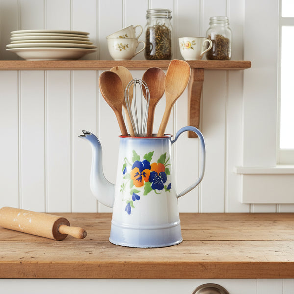 Antique French Enamelware Coffee Pot Gooseneck Spout Pansies No Lid