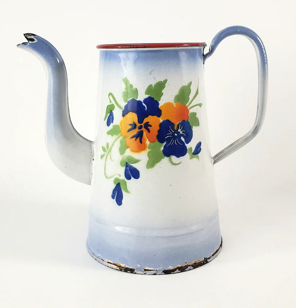 Antique French Enamelware Coffee Pot Gooseneck Spout Pansies No Lid