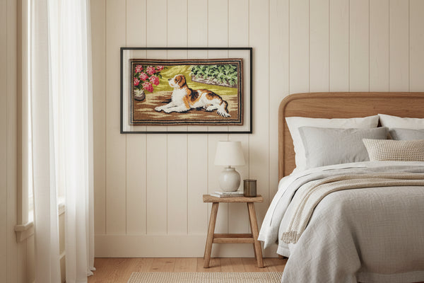 Vintage Cut Pile Wool Rug Dog In Garden Scene 4 Feet Long