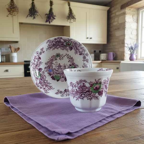 Antique Ironstone Purple Transferware Handleless Cup & Saucer John Wedgwood England