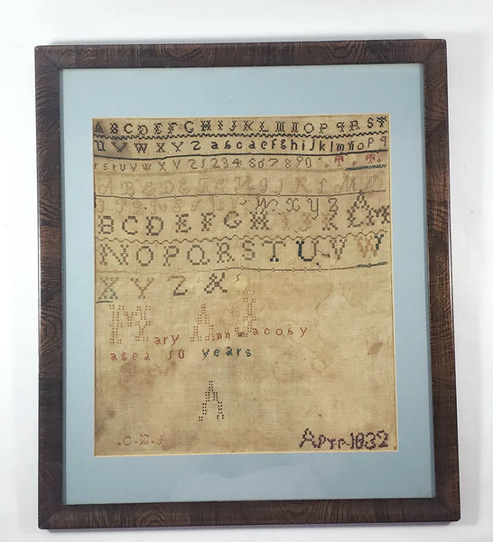 Antique Framed American School Girl Needlepoint Alphabet Sampler Mary Ann Jacoby 1832