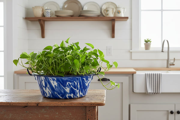 Antique Blue and White Swirl Enamelware Double Handled Sauce Pot