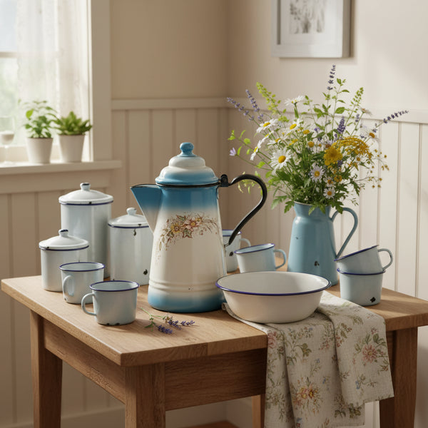 Antique Enameled Coffee Pot Blue & White Blend Flowers Riveted Handle by Stewart