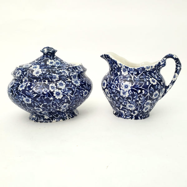 Vintage BLUE CALICO Sugar Bowl and Creamer Set Royal Crownford Staffordshire England