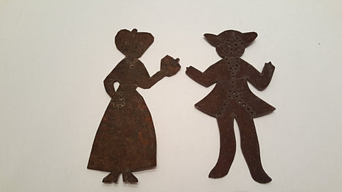 Primitive Antique Handmade Early Folk Art Tin Quilt Pattern Template Cutout Amish Man and Woman