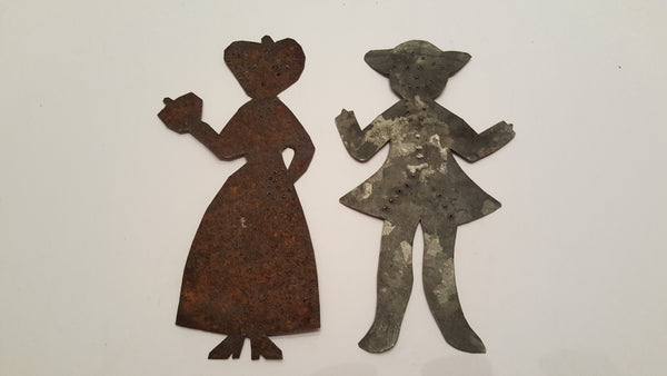 Primitive Antique Handmade Folk Art Tin Quilt Template Cutout Amish Man and Woman