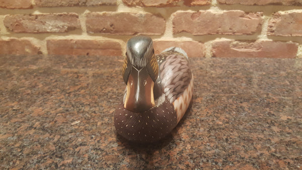 SIGNED Hand Painted Wooden Duck Decoy with Hand Carvings