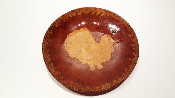 Signed Ned Foltz 2004 Original Redware Pie Plate w/ Yellow Chicken/Rooster - Lancaster County, PA