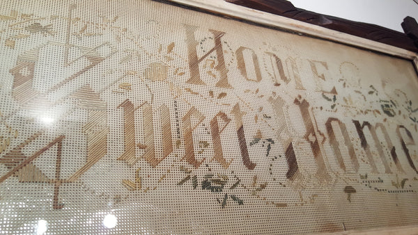Antique Framed Needlework Sampler on Perforated Paper - "Home Sweet Home" Motto