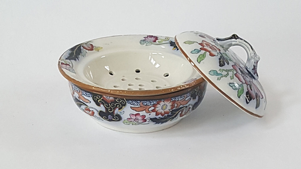 Early Mason's Ironstone China Table and Vase Design - 3 Piece Covered Bowl & Strainer Dish Insert