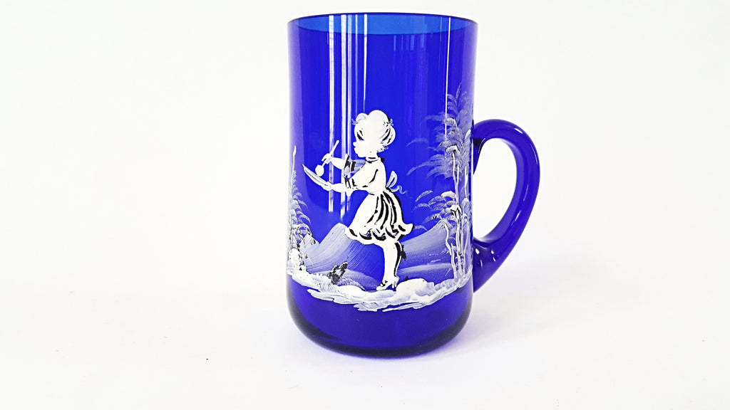Mary Gregory Blue Glass Mug - Hand Painted White Enamel Girl Painting Outdoor Scene