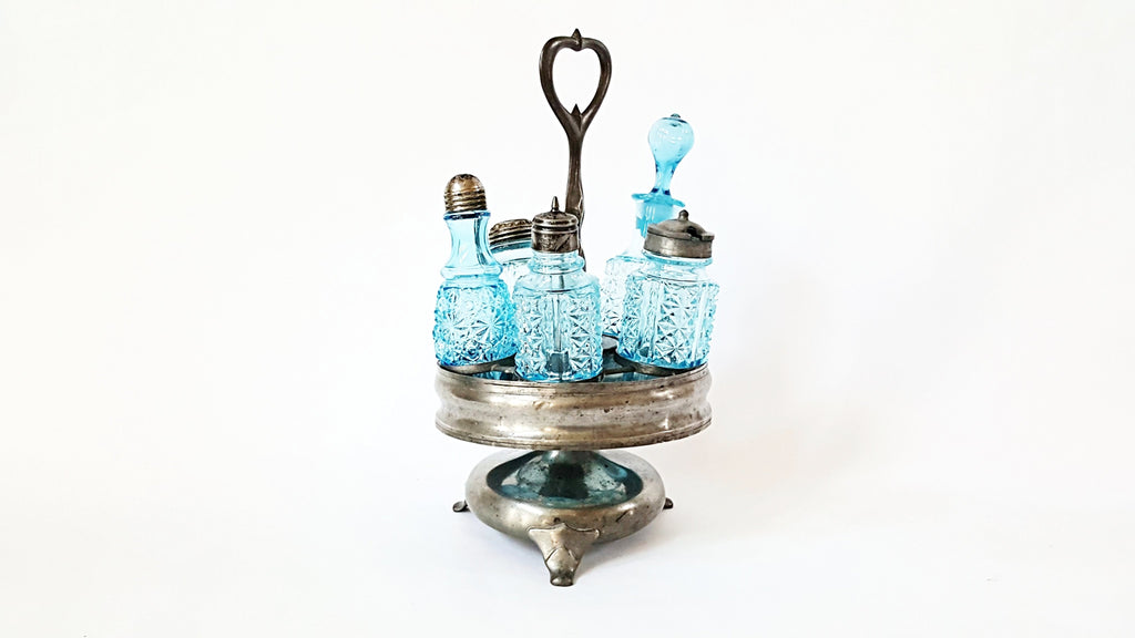 Antique Blue Pressed Glass Castor Set - Bottles and Rotary Stand - Daisy & Button Pattern