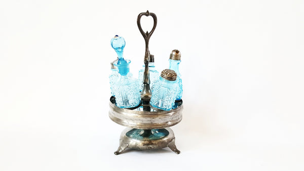 Antique Blue Pressed Glass Castor Set - Bottles and Rotary Stand - Daisy & Button Pattern