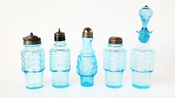 Antique Blue Pressed Glass Castor Set - Bottles and Rotary Stand - Daisy & Button Pattern