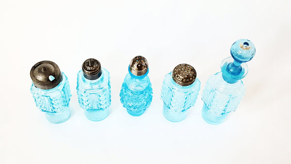 Antique Blue Pressed Glass Castor Set - Bottles and Rotary Stand - Daisy & Button Pattern