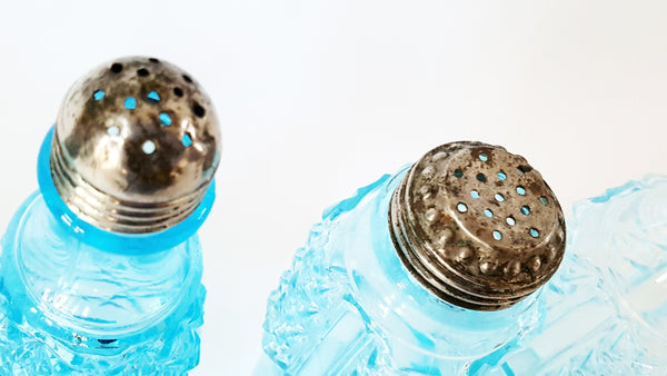 Antique Blue Pressed Glass Castor Set - Bottles and Rotary Stand - Daisy & Button Pattern