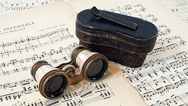 Antique DU BARRY PARIS Mother Of Pearl  & Brass Opera Glasses Original Case - Needs Repair