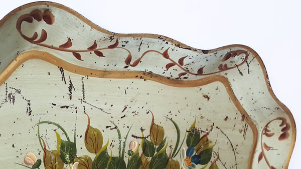Large Hand Painted Green Floral Tole Tray