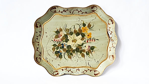 Large Vintage Hand Painted Green Floral Tole Tray