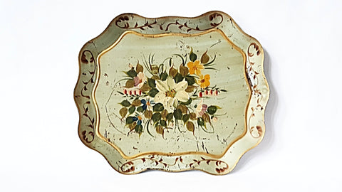 Large Vintage Hand Painted Green Floral Tole Tray